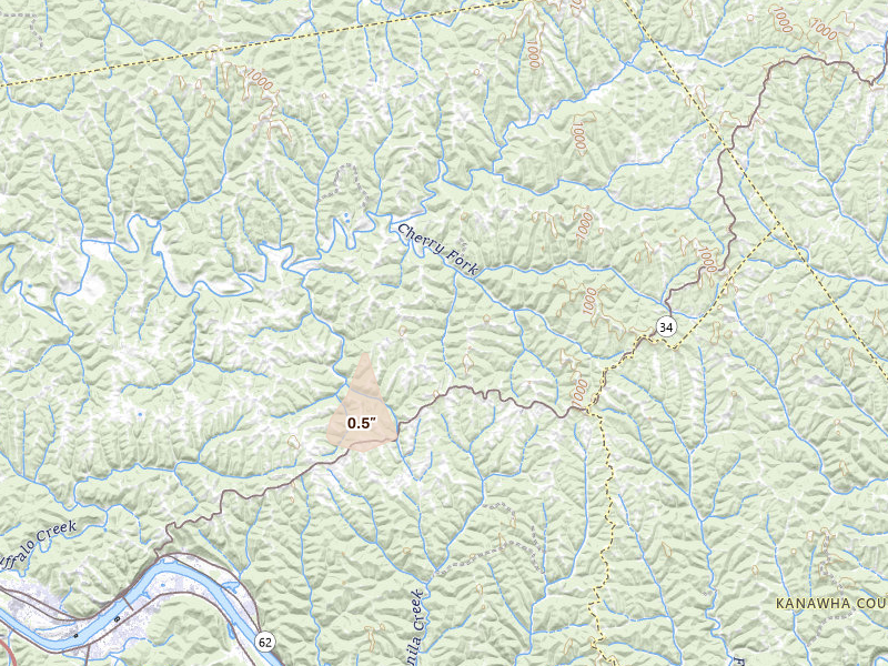 Radar-estimated hail-size map of the storm over Liberty, WV on Jul 5, 2026