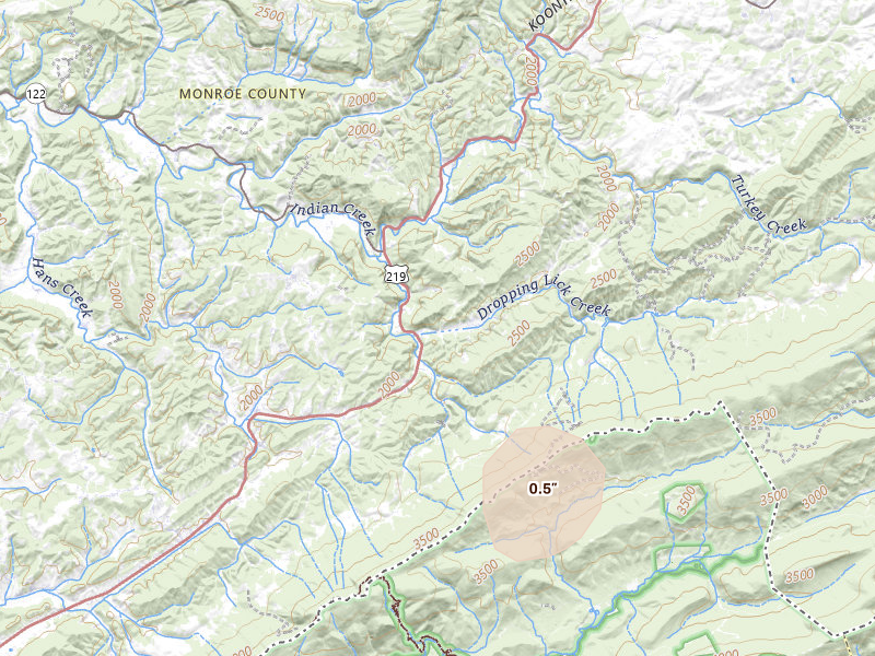 Radar-estimated hail-size map of the storm over Lindside, WV on Jun 12, 2026