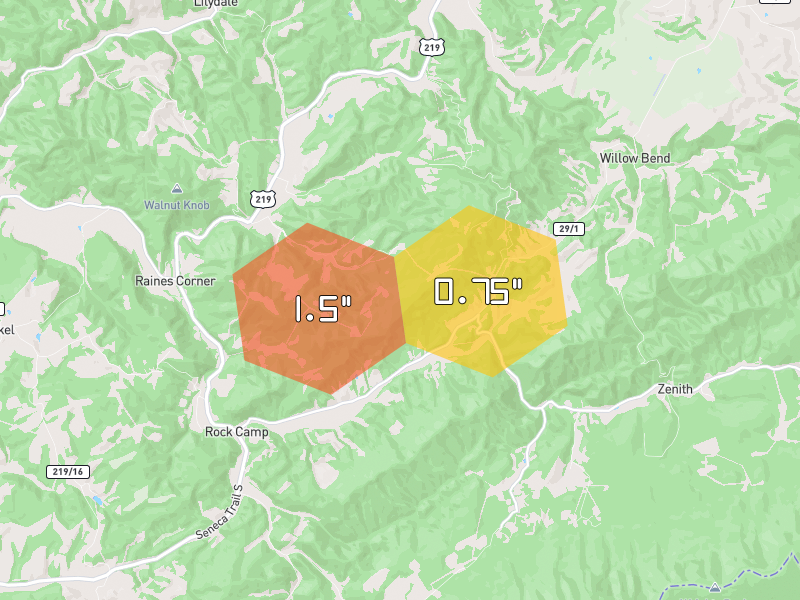 Hail map of Lindside, WV on Jul 4, 2026, hail up to 1.5"