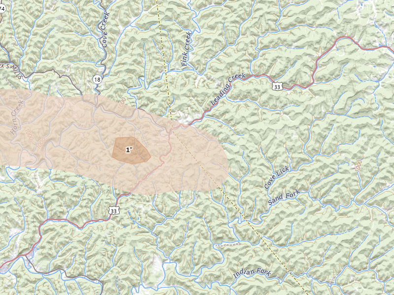 Radar-estimated hail-size map of the storm over Linn, WV on May 27, 2026