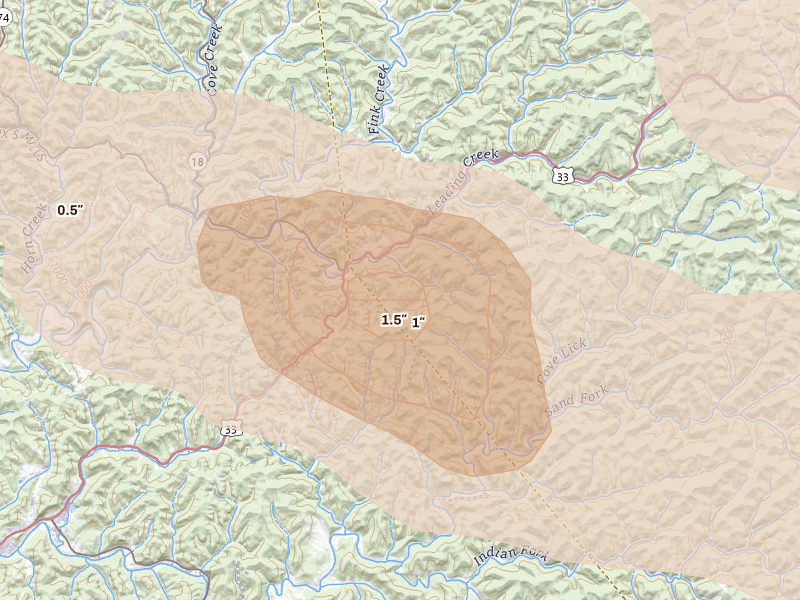 Radar-estimated hail-size map of the storm over Linn, WV on Jul 21, 2026