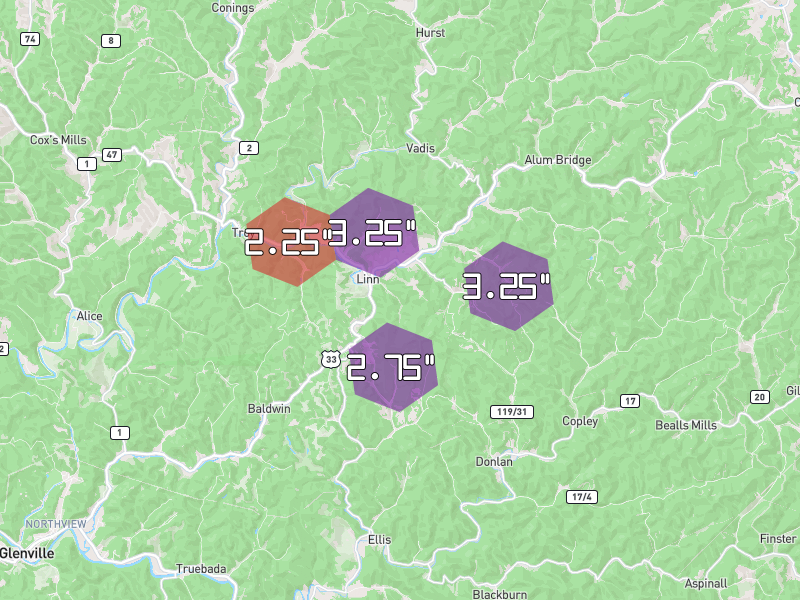 Hail map of Linn, WV on Jul 21, 2026, hail up to 3.25"