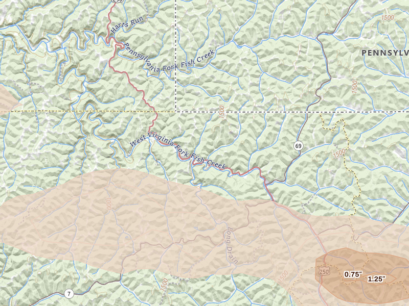 Radar-estimated hail-size map of the storm over Littleton, WV on Apr 1, 2026