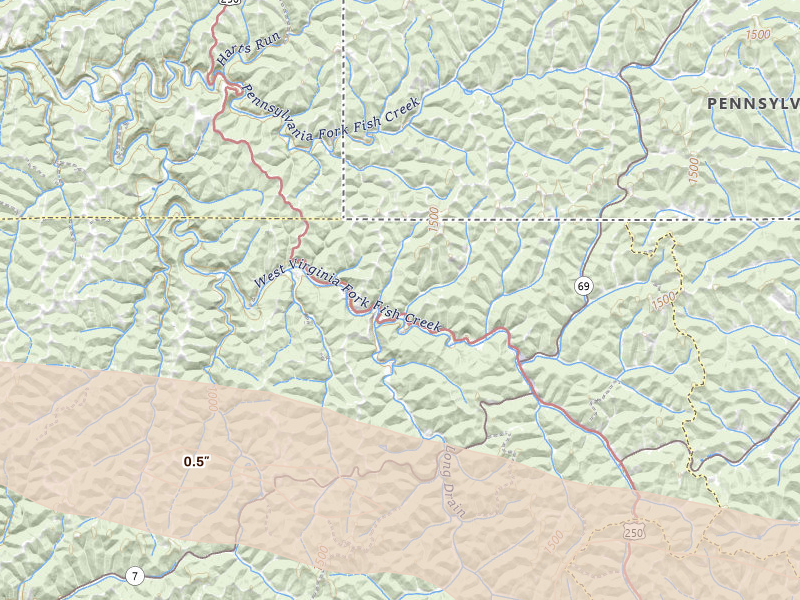 Radar-estimated hail-size map of the storm over Littleton, WV on May 13, 2026