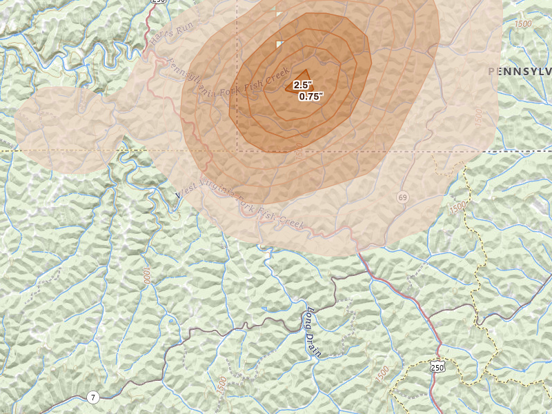 Radar-estimated hail-size map of the storm over Littleton, WV on Jul 4, 2026