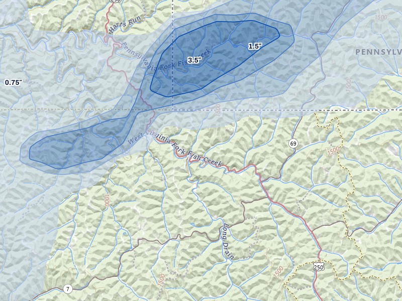 NEXRAD radar-signature map of the hail storm over Littleton, WV on Jul 4, 2026