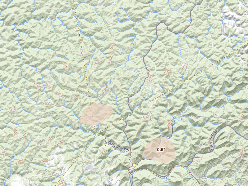Radar-estimated hail-size map of the storm over Lizemores, WV on Jul 4, 2026