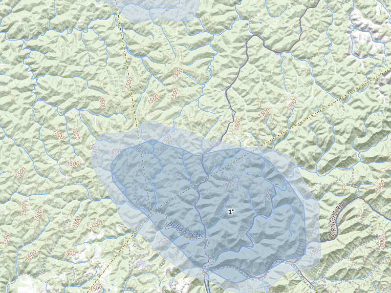 NEXRAD radar-signature map of the hail over Lizemores, WV