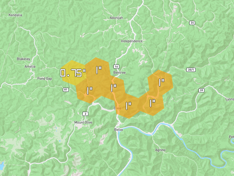 Hail map of Lizemores, WV on Jul 4, 2026, hail up to 1"