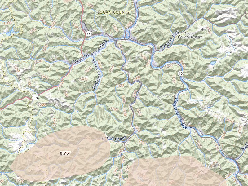 Radar-estimated hail-size map of the storm over Logan, WV on Apr 1, 2026