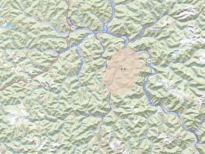 Radar-estimated hail-size map of the storm over Logan, WV on May 24, 2026
