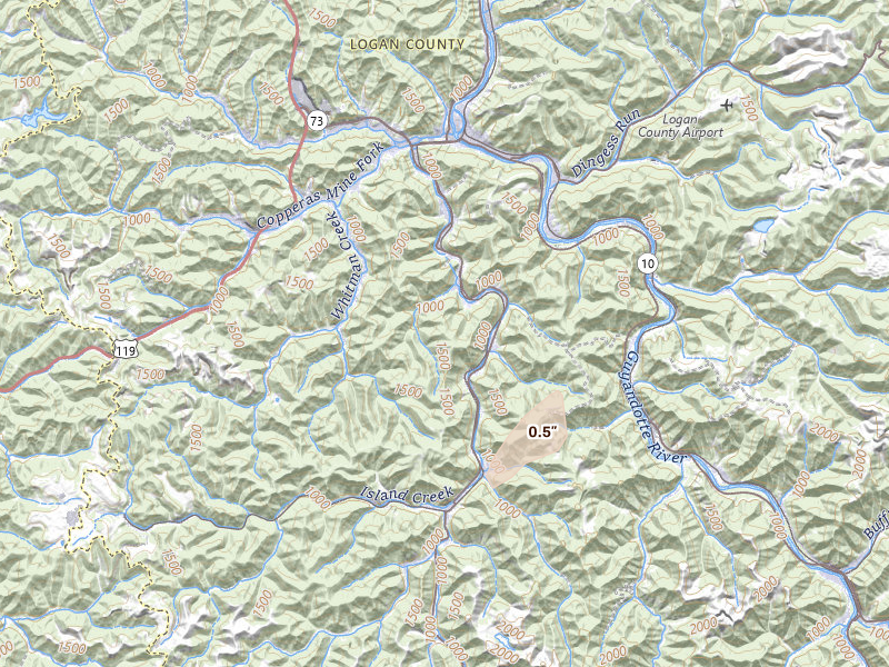 Radar-estimated hail-size map of the storm over Logan, WV