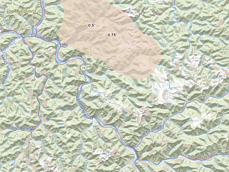 Radar-estimated hail-size map of the storm over Lyburn, WV on Aug 16, 2026