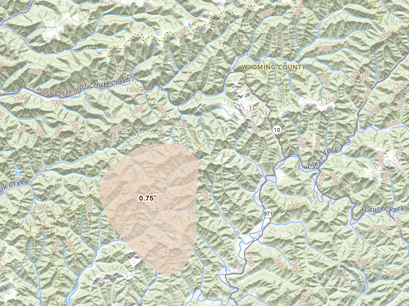 Radar-estimated hail-size map of the storm over Lynco, WV on Jul 4, 2026