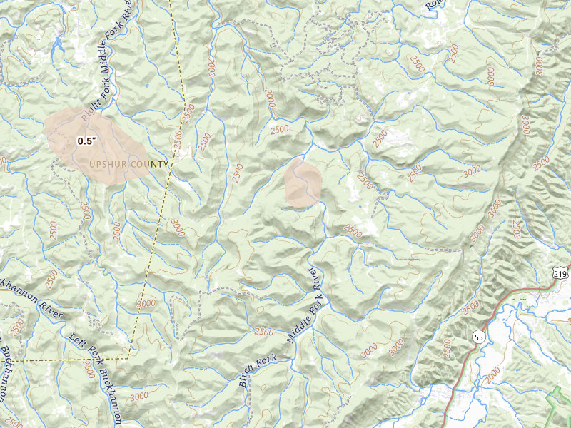Radar-estimated hail-size map of the storm over Mabie, WV on Aug 7, 2026