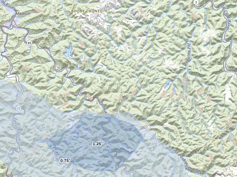 NEXRAD radar-signature map of the hail storm over Madison, WV on Apr 1, 2026