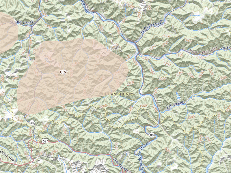 Radar-estimated hail-size map of the storm over Man, WV on Apr 1, 2026