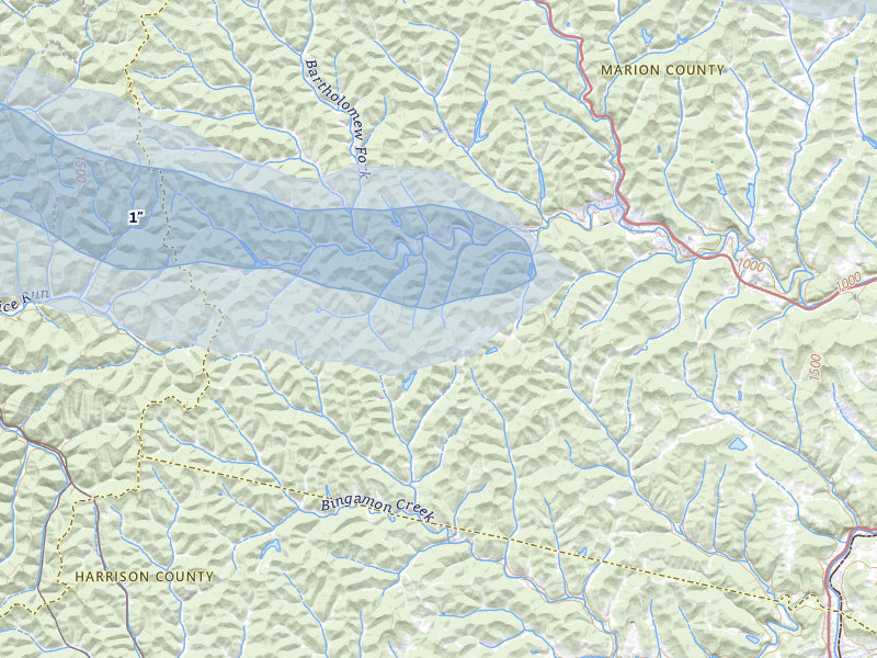 NEXRAD radar-signature map of the hail over Mannington, WV