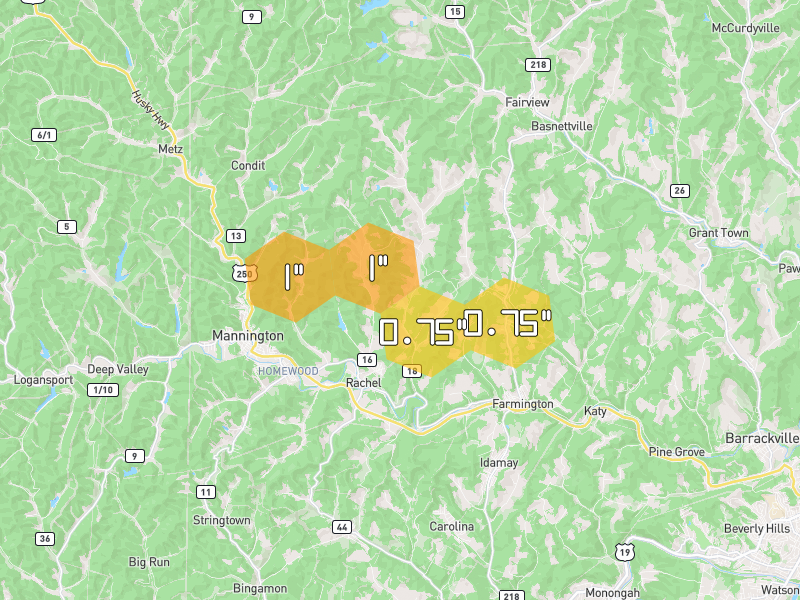 Hail map of Mannington, WV on Jun 7, 2026, hail up to 1"