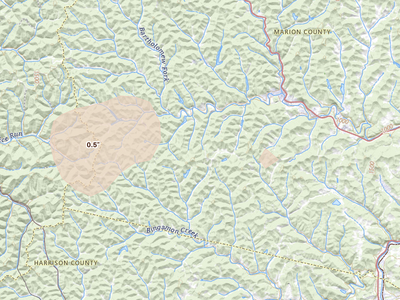 Radar-estimated hail-size map of the storm over Mannington, WV on Aug 22, 2026