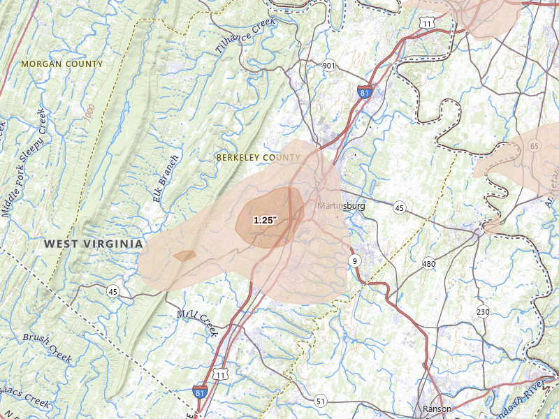 Radar-estimated hail-size map of the storm over Martinsburg, WV on Aug 27, 2026