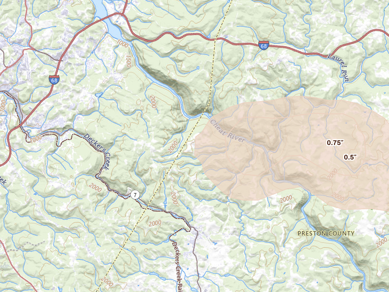 Radar-estimated hail-size map of the storm over Masontown, WV on Apr 1, 2026