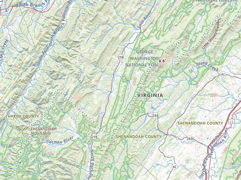 Radar-estimated hail-size map of the storm over Mathias, WV on Jul 4, 2026