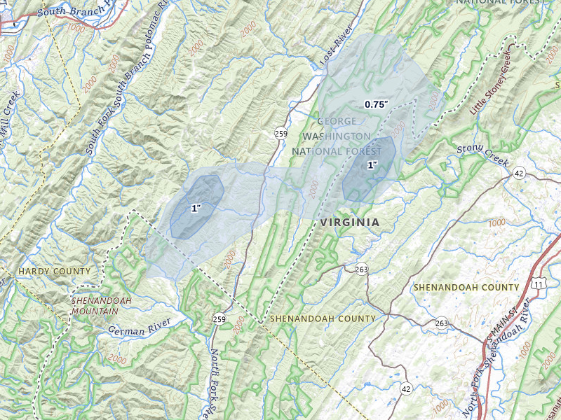 NEXRAD radar-signature map of the hail over Mathias, WV