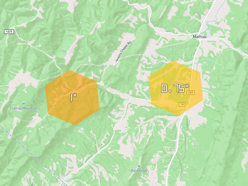 Hail map of Mathias, WV on Jul 4, 2026, hail up to 1"