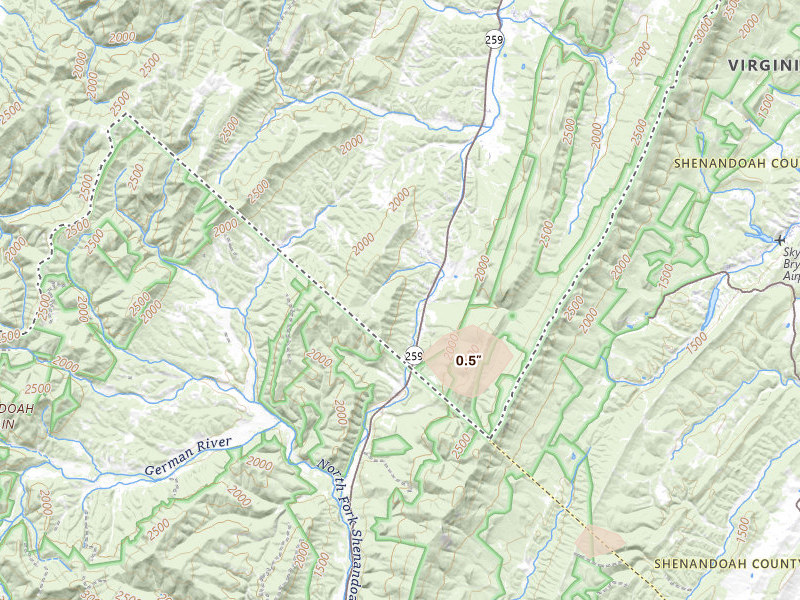 Radar-estimated hail-size map of the storm over Mathias, WV on Aug 8, 2026