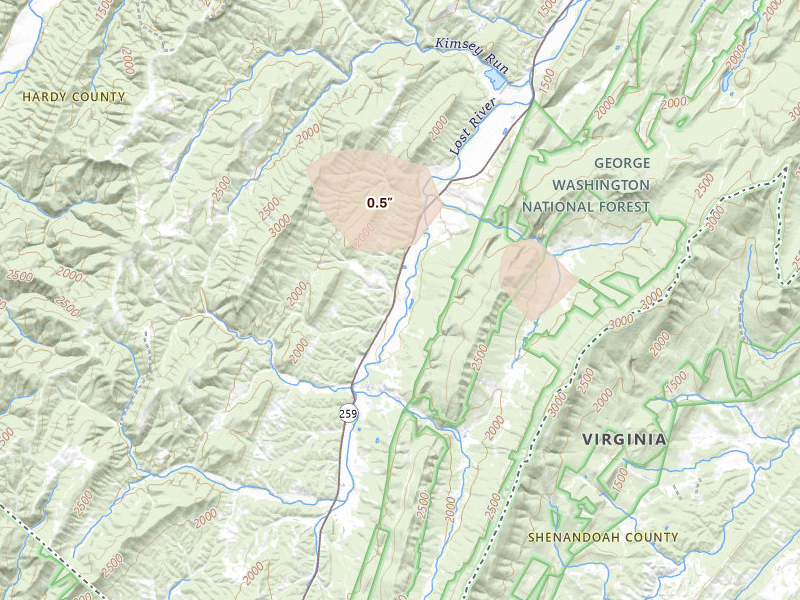 Radar-estimated hail-size map of the storm over Mathias, WV on Sep 2, 2026