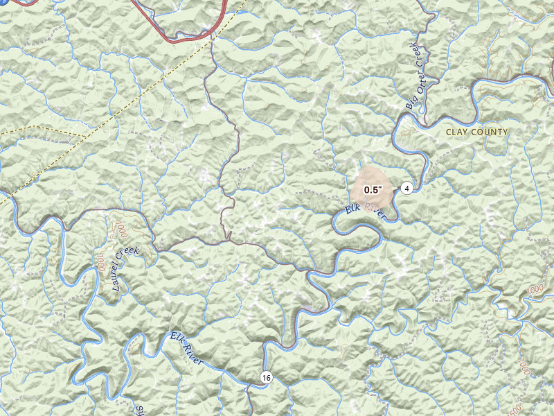 Radar-estimated hail-size map of the storm over Maysel, WV on Jul 4, 2026