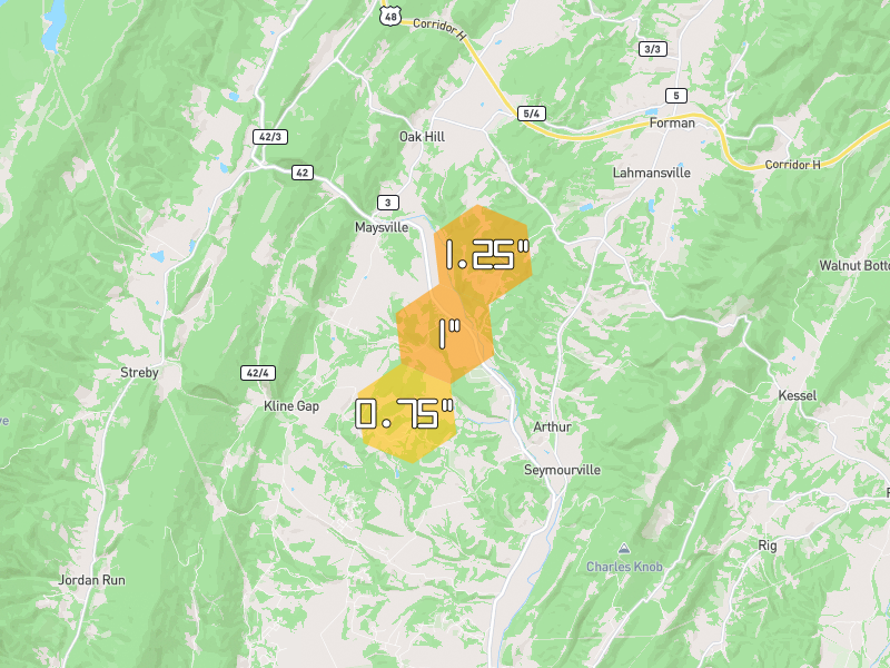 Hail map of Maysville, WV on Jul 4, 2026, hail up to 1.25"