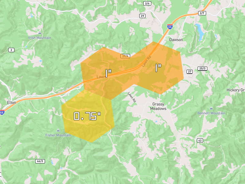 Hail map of Meadow Bridge, WV on Jul 4, 2026, hail up to 1"
