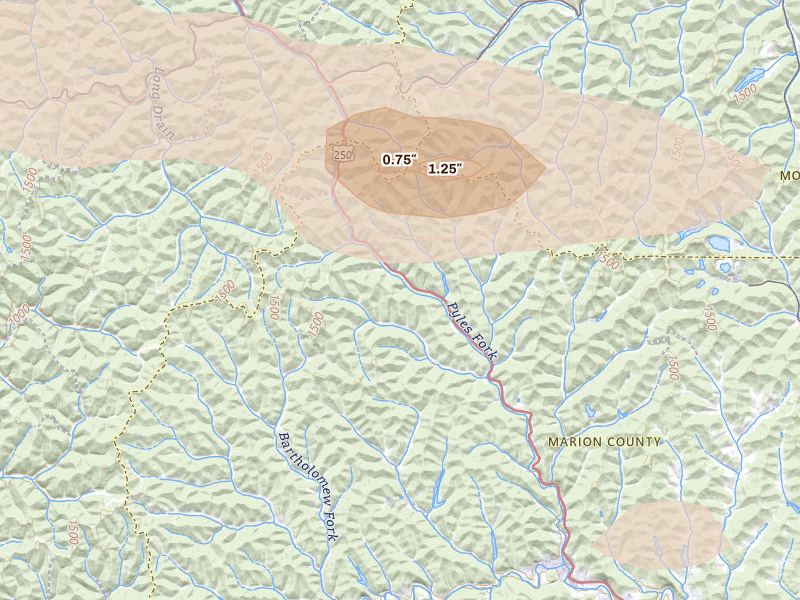 Radar-estimated hail-size map of the storm over Metz, WV on Apr 1, 2026