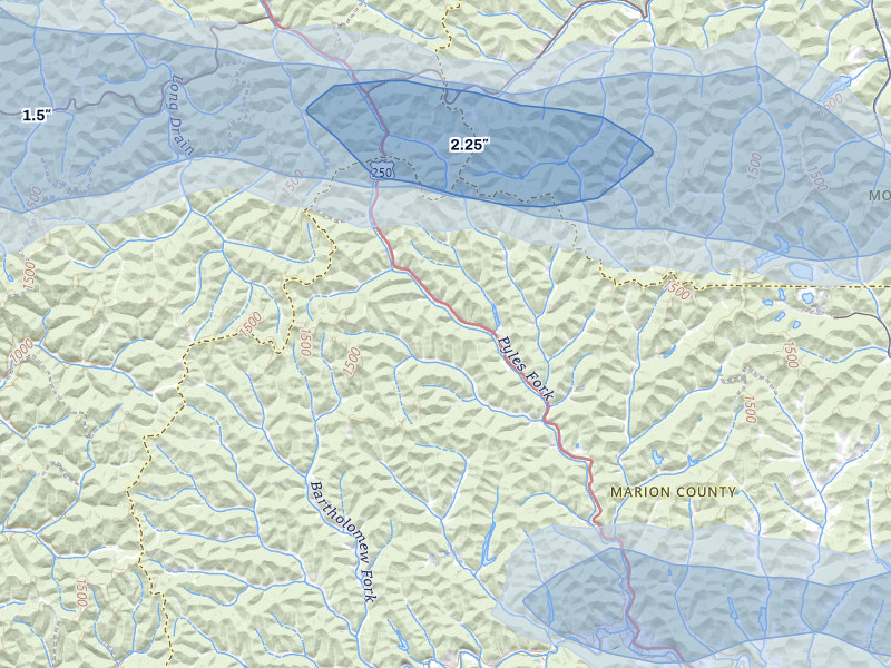NEXRAD radar-signature map of the hail storm over Metz, WV on Apr 1, 2026