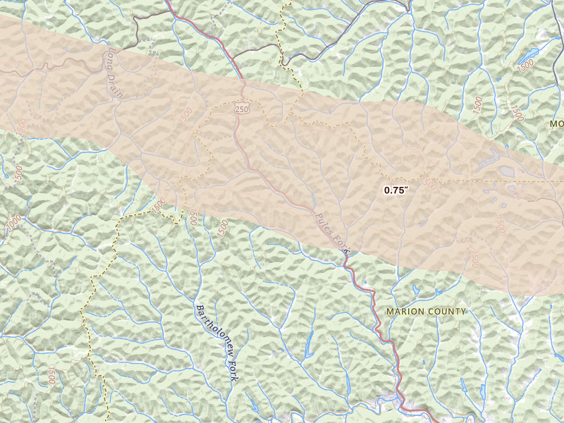 Radar-estimated hail-size map of the storm over Metz, WV on May 13, 2026