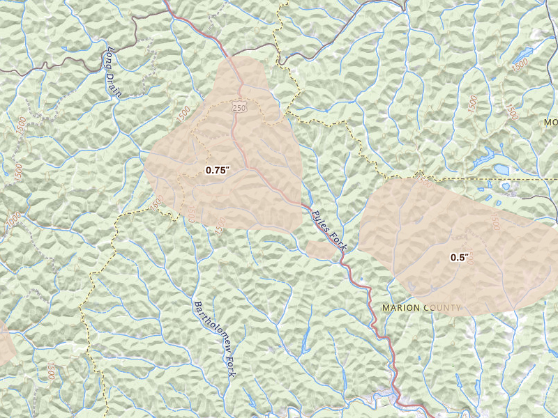 Radar-estimated hail-size map of the storm over Metz, WV