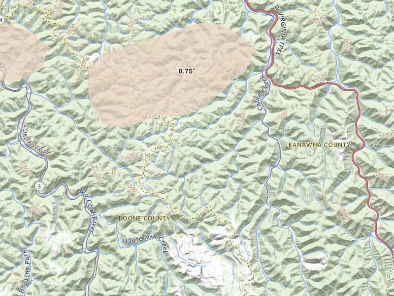 Radar-estimated hail-size map of the storm over Miami, WV on Jun 12, 2026