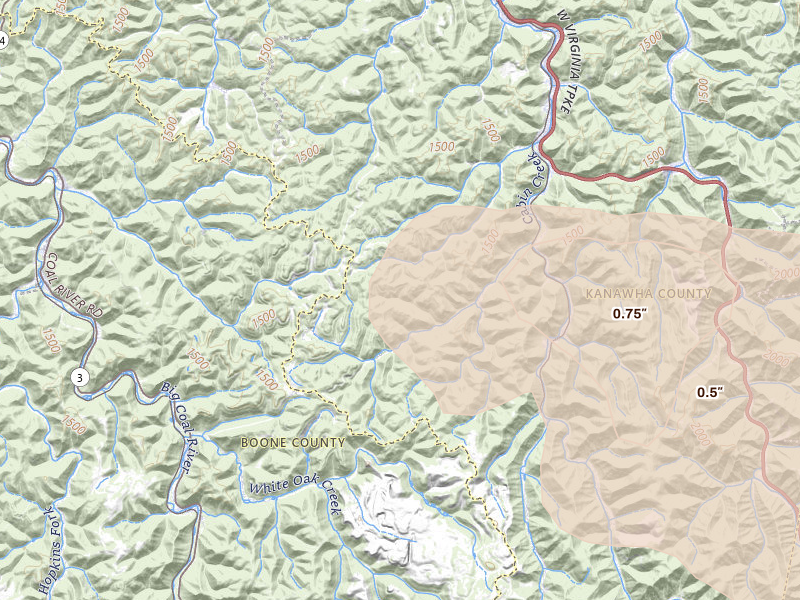Radar-estimated hail-size map of the storm over Miami, WV on Jul 21, 2026