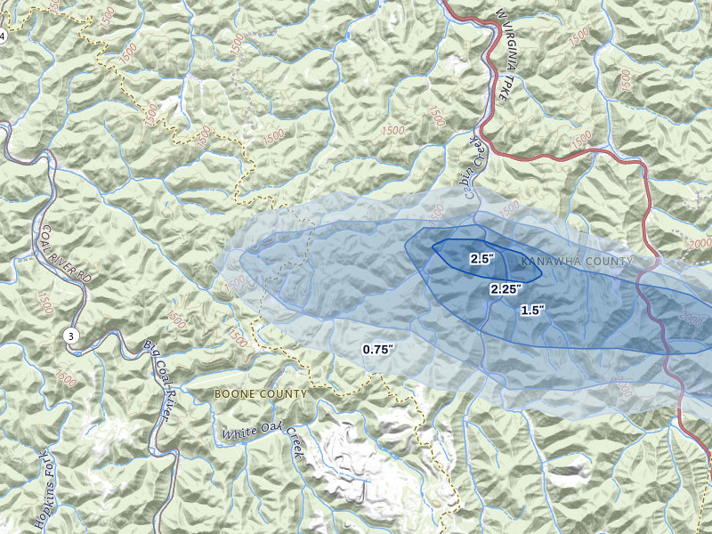 NEXRAD radar-signature map of the hail over Miami, WV