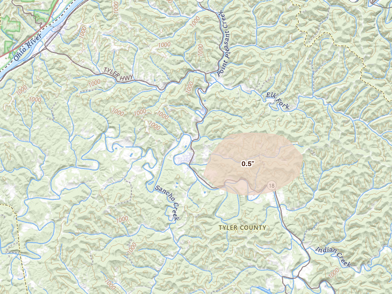 Radar-estimated hail-size map of the storm over Middlebourne, WV on Jul 4, 2026
