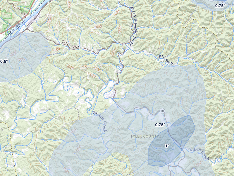 NEXRAD radar-signature map of the hail over Middlebourne, WV