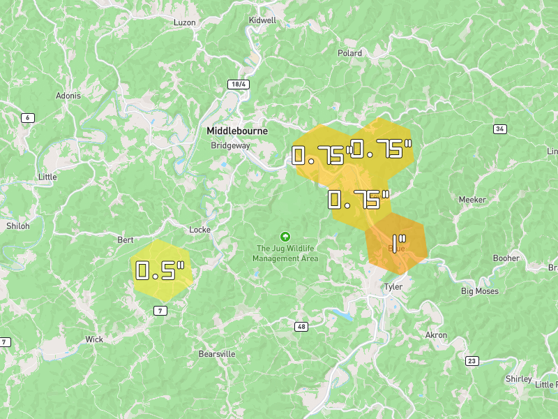 Hail map of Middlebourne, WV on Jul 4, 2026, hail up to 1"