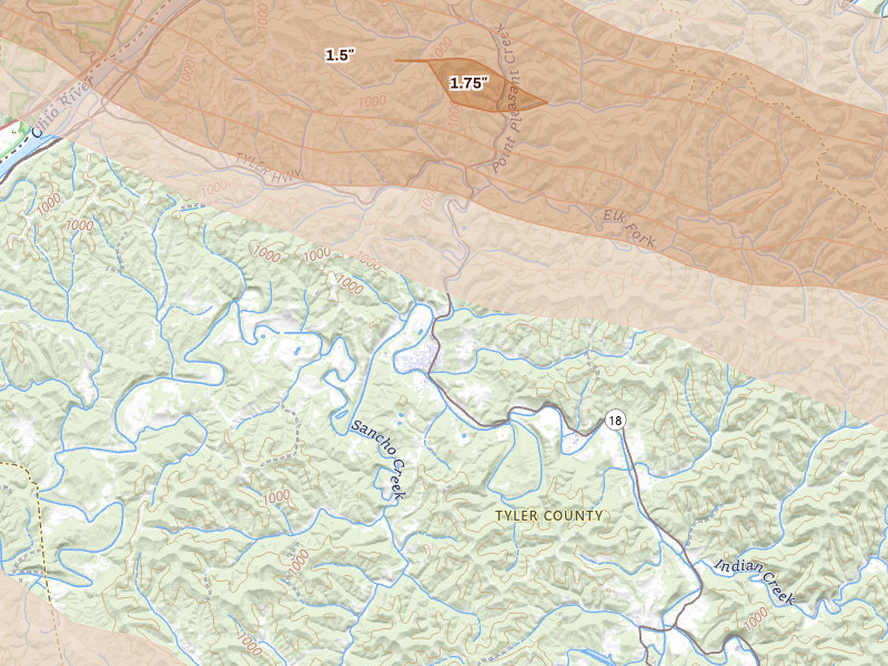 Radar-estimated hail-size map of the storm over Middlebourne, WV on Jul 21, 2026
