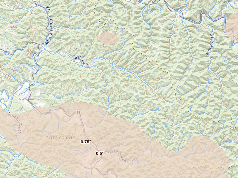 Radar-estimated hail-size map of the storm over Middlebourne, WV on Sep 3, 2026