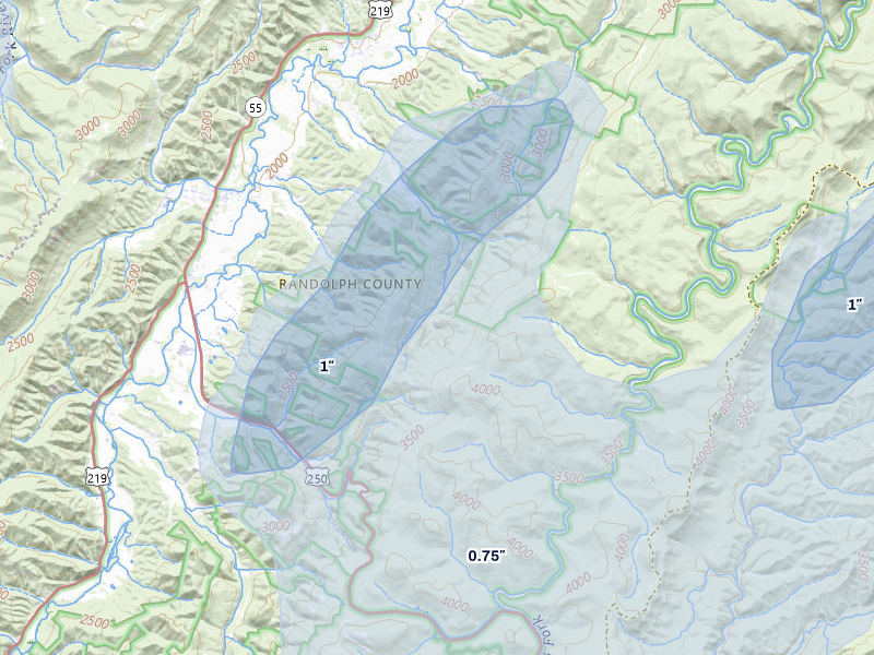 NEXRAD radar-signature map of the hail over Mill Creek, WV
