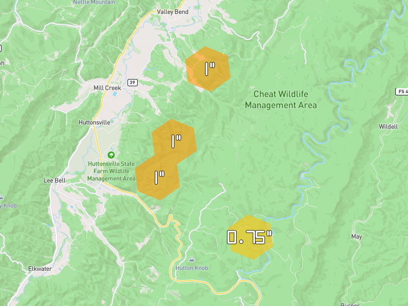 Hail map of Mill Creek, WV on Jul 4, 2026, hail up to 1"