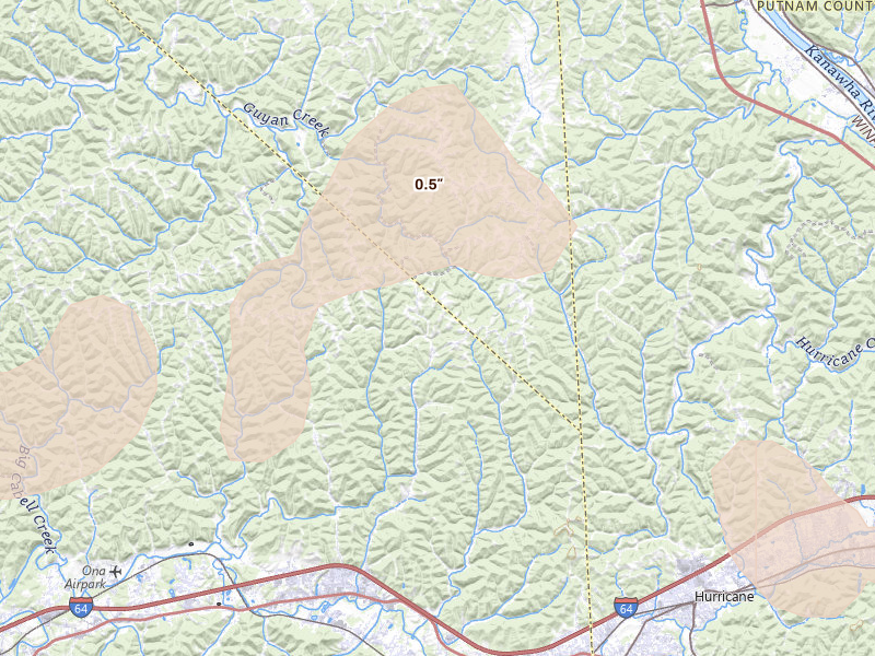Radar-estimated hail-size map of the storm over Milton, WV on Aug 16, 2026
