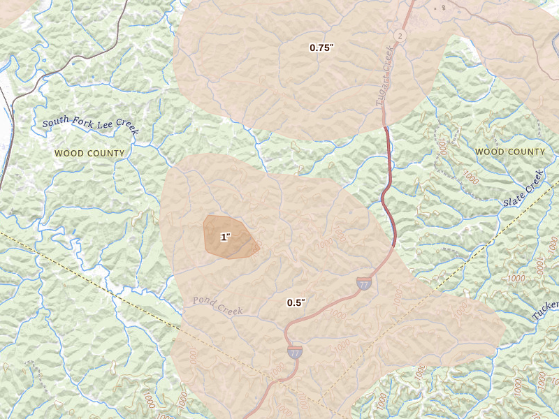 Radar-estimated hail-size map of the storm over Mineral Wells, WV on Sep 4, 2026